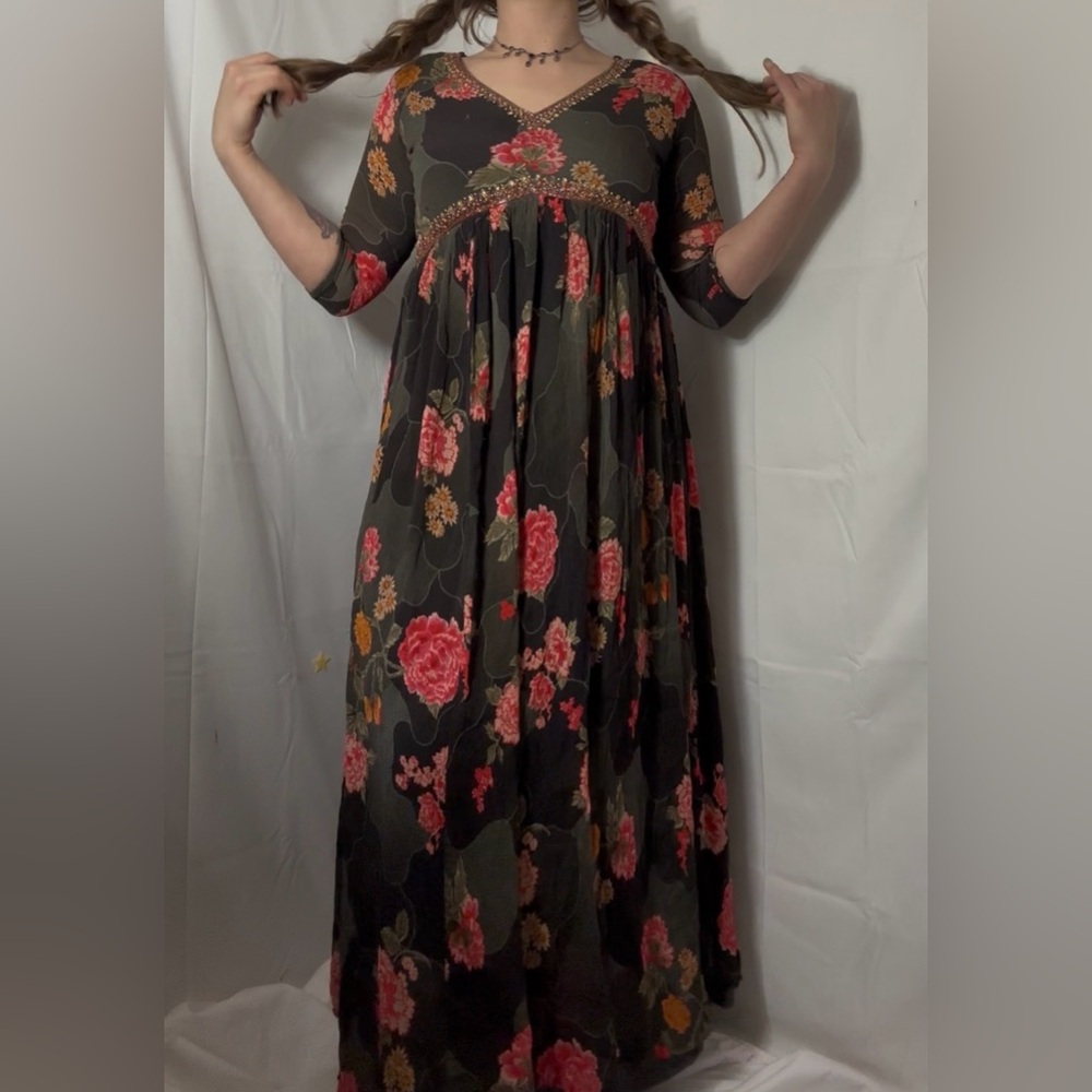 Boho Beaded Jeweled Olive Green Floral Empire Waist Maxi Spring Dress Size M-L